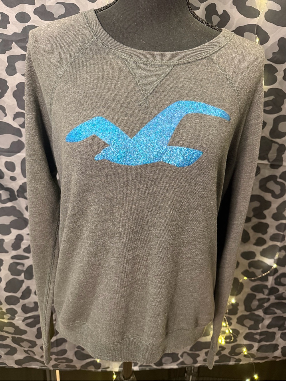 Hollister Gray Pullover with Blue Glitter Seagull Logo